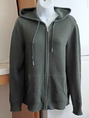 Quince Cashmere Hooded Zip Front Sweater Olive Green sz S
